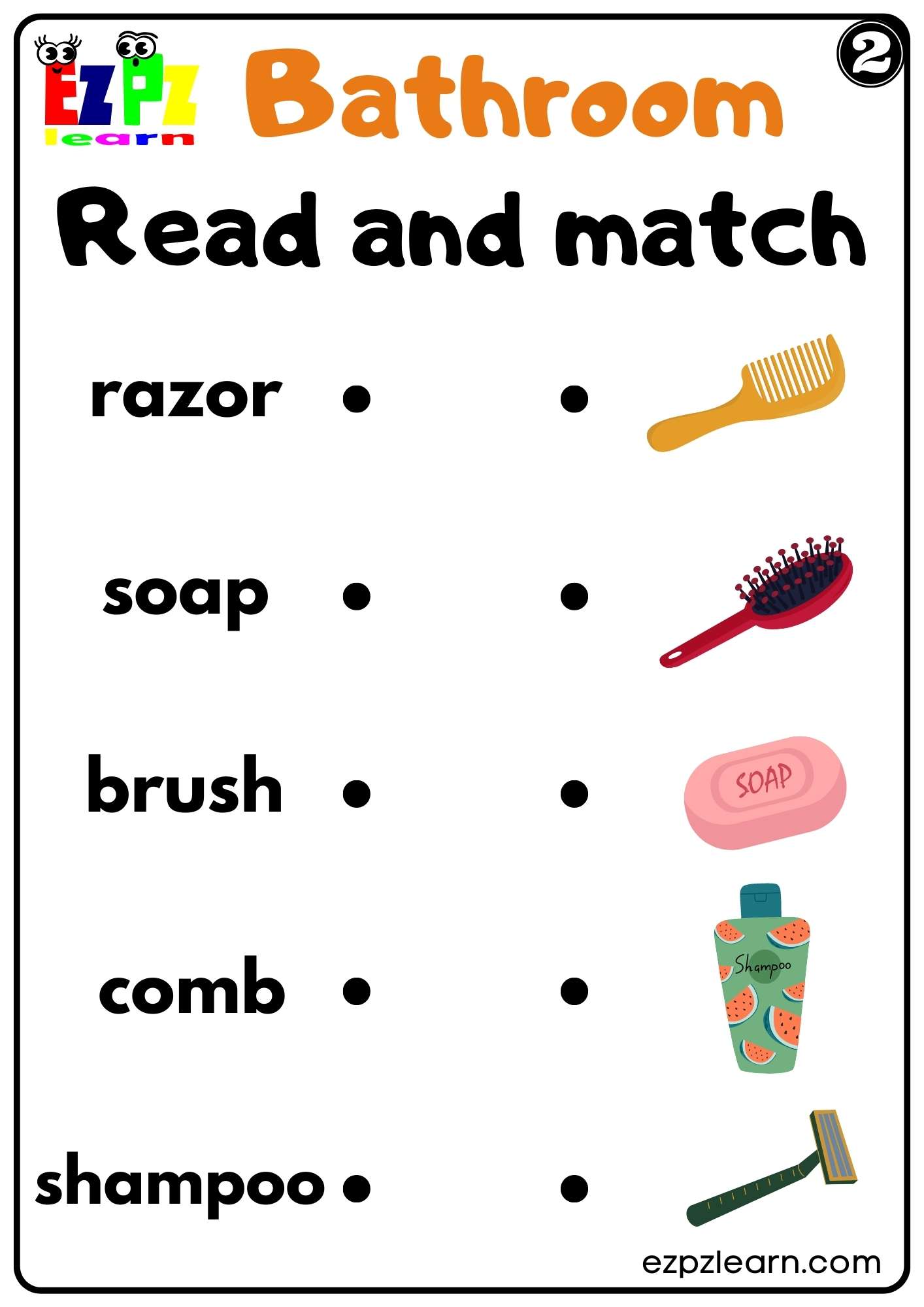 Bathroom Read and Match Worksheet for ESL and K5 Kids PDF Download Set 2